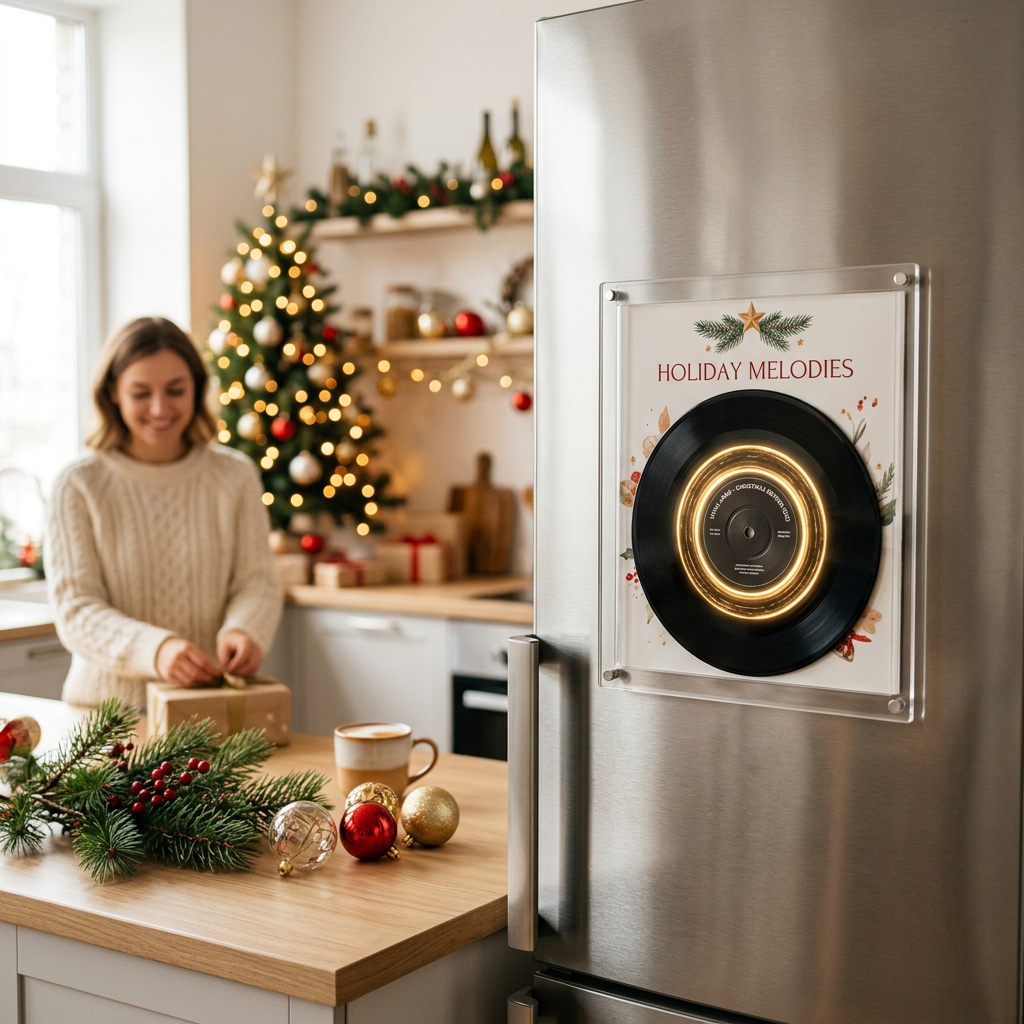 Music frame mounted on a fridge door at Christmas
