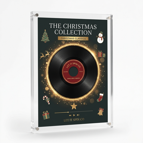 Magnetic vinyl music frame with Christmas artwork and glowing gold ring